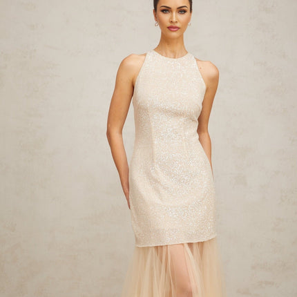 Sabrina Champagne Sequin Maxi Dress with Tulle Paneling