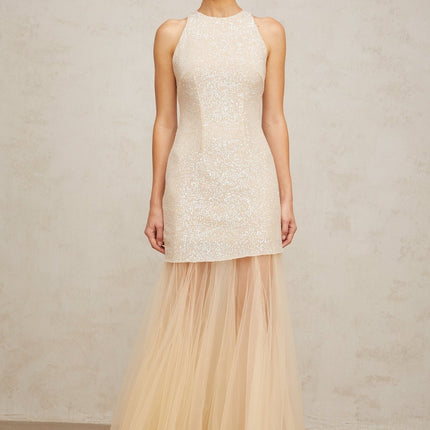 Sabrina Champagne Sequin Maxi Dress Tulle Paneling Sleeveless Pleated Detailing Round Neck Rear Zip Fastening 100% Terylene Fiber Composition Elegant Sophisticated Special Occasions Luxury Grace