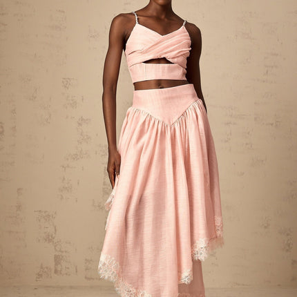 Sabrina Pink Lace Trim Crystal Embellished Skirt Top Set