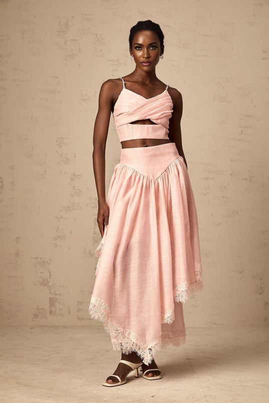 Sabrina Pink Lace Trim Crystal Embellished Skirt Top Set