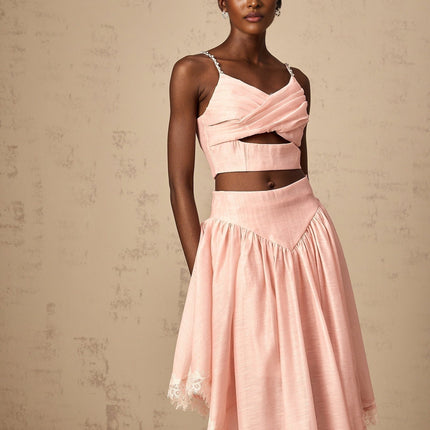 Sabrina Pink Lace Trim Crystal Embellished Skirt Top Set