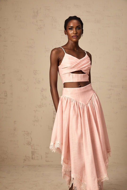 Sabrina Pink Lace Trim Crystal Embellished Skirt Top Set