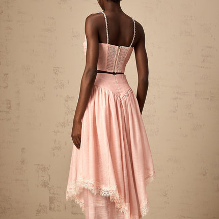Sabrina Pink Lace Trim Crystal Embellished Top and Ruffled Skirt Set