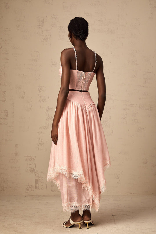 Sabrina Pink Lace Trim Crystal Embellished Top and Ruffled Skirt Set