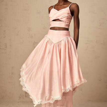 Sabrina Pink Lace Trim Crystal Embellished Top and Ruffled Skirt Set