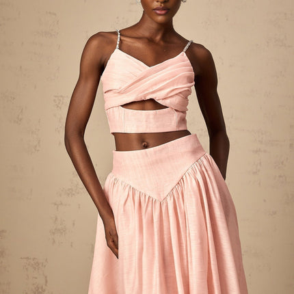 Sabrina Pink Lace Trim Crystal Embellished Top and Ruffled Skirt Set