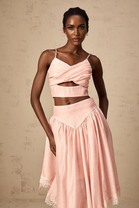Sabrina Pink Lace Trim Crystal Embellished Top and Ruffled Skirt Set