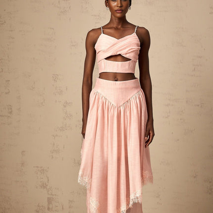 Sabrina Pink Lace Trim Crystal Embellished Top and Ruffled Skirt Set