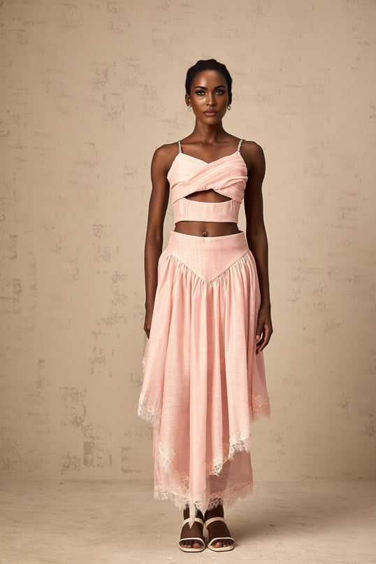 Sabrina Pink Lace Trim Crystal Embellished Top and Ruffled Skirt Set