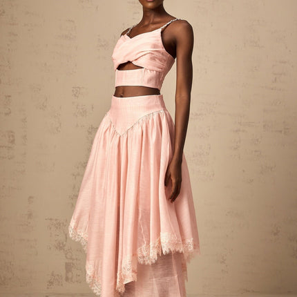 Sabrina Pink Lace Trim Crystal Embellished V-Neckline Cropped Top Floor-Sweeping Skirt Set