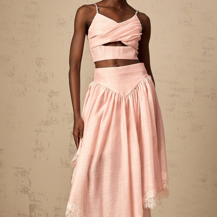 Sabrina Pink Lace Trimmed Top and Ruffled Skirt Set