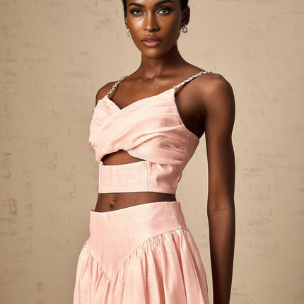 Sabrina Pink Linen Skirt Top Set with Lace Trim and Crystal Embellishments