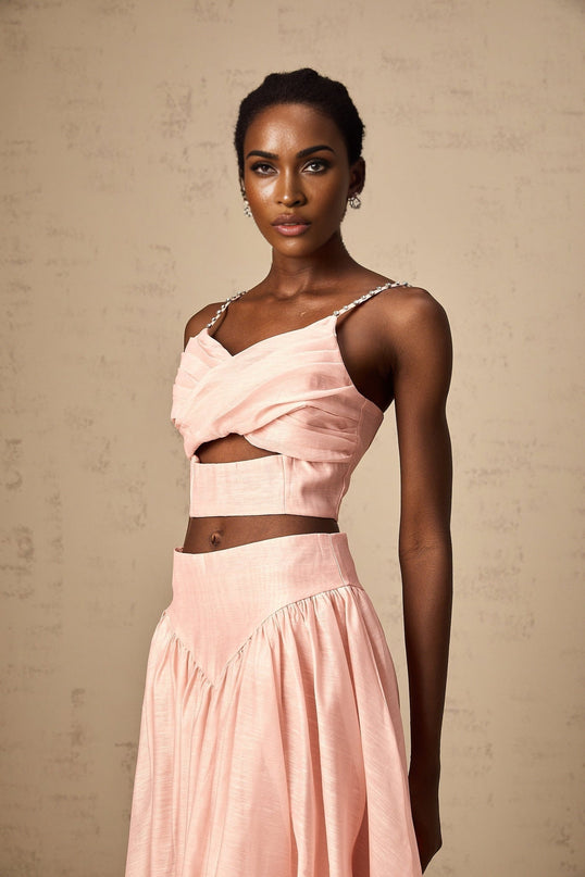 Sabrina Pink Linen Skirt Top Set with Lace Trim and Crystal Embellishments