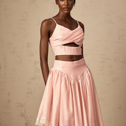 Sabrina Pink Lace Trim Crystal Embellished Top and Ruffled Skirt Set