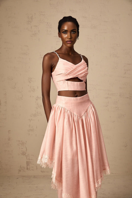 Sabrina Pink Lace Trim Crystal Embellished Top and Ruffled Skirt Set