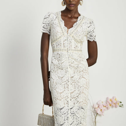 Sabrina White Crystal Embellished Midi Dress