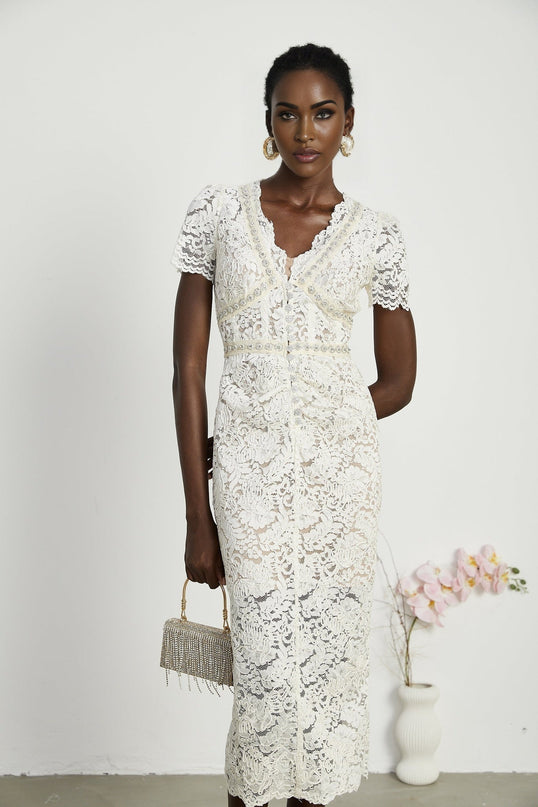 Sabrina White Crystal Embellished Midi Dress