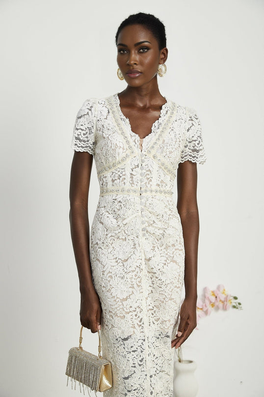 Sabrina White Crystal Embellished Midi Dress