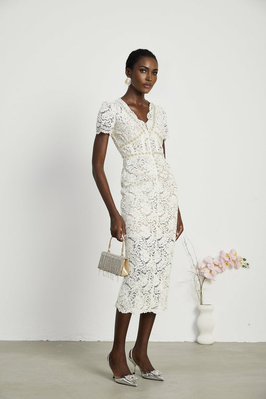 Sabrina White Crystal Embellished Midi Dress