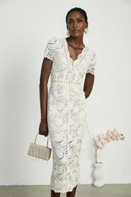 Sabrina White Crystal Embellished Midi Dress