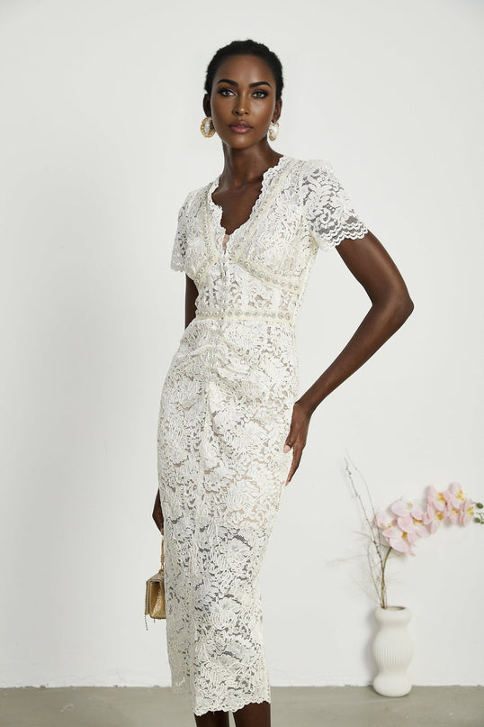 Sabrina White Crystal Embellished Midi Dress