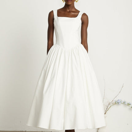 Sadie White Ankle-length Corset Dress with Square Neckline and Pleated Skirt