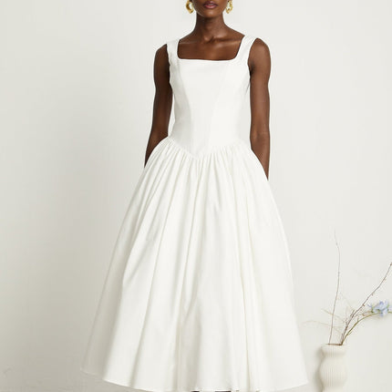 Sadie White Ankle-length Corset Dress with Square Neckline and Fully Pleated Skirt