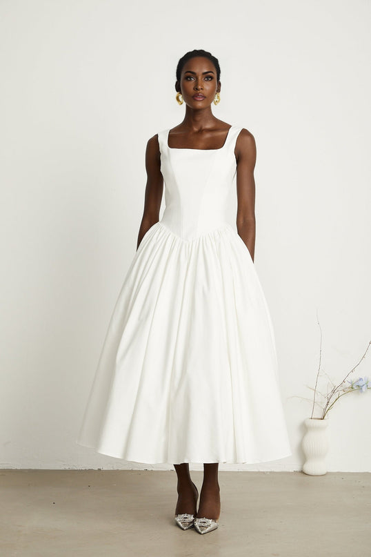 Sadie White Ankle-length Corset Dress with Square Neckline and Fully Pleated Skirt