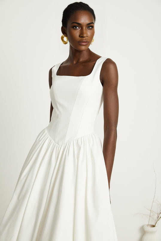 Sadie White Corset Dress Ankle-length Square Neckline Pleated Skirt