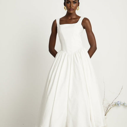 Sadie White Corset Dress Square Neckline Pleated Skirt Ankle-length Elegant Wedding Formal Summer Events