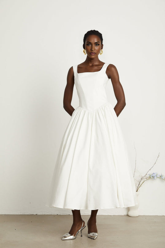 Sadie White Corset Dress Square Neckline Pleated Skirt Ankle-length Elegant Wedding Formal Summer Events