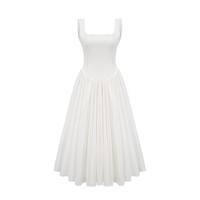 Sadie White Corset Dress Square Neckline Pleated Skirt Ankle-length