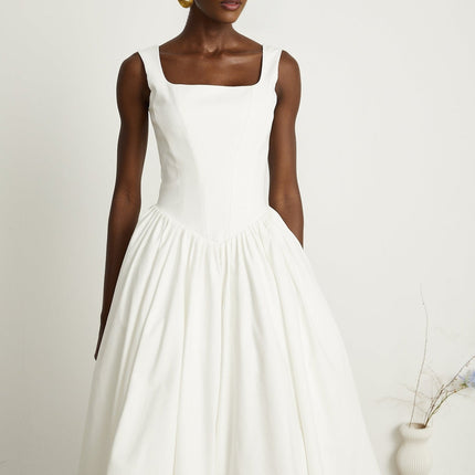 Sadie White Corset Dress Square Neckline Pleated Skirt Ankle-length
