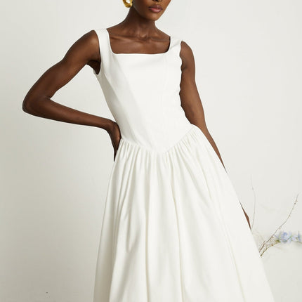 Sadie White Corset Dress Square Neckline Pleated Skirt Ankle-length Wedding Formal Summer Events