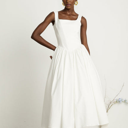 Sadie White Corset Dress with Square Neckline and Pleated Skirt