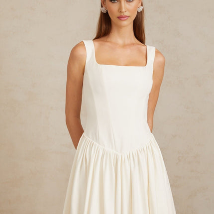 Sadie White Pleated Corset Maxi Gown in White color