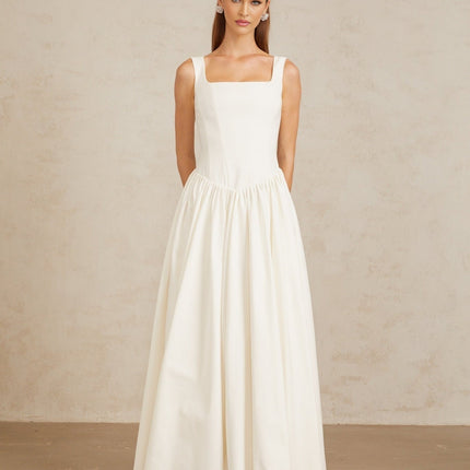 Sadie White Pleated Corset Maxi Gown elegant sleeveless corset style figure-flattering pleated design flared skirt maxi length special occasions Cotton Acetate luxury