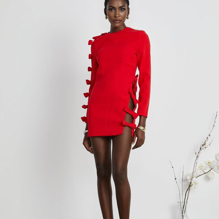 Sage Red Asymmetric Bow Detail Dress Polyester Spandex Long Sleeve Round Neck Cut Out Design Rear Zip Fastening Straight Hem Thigh Length