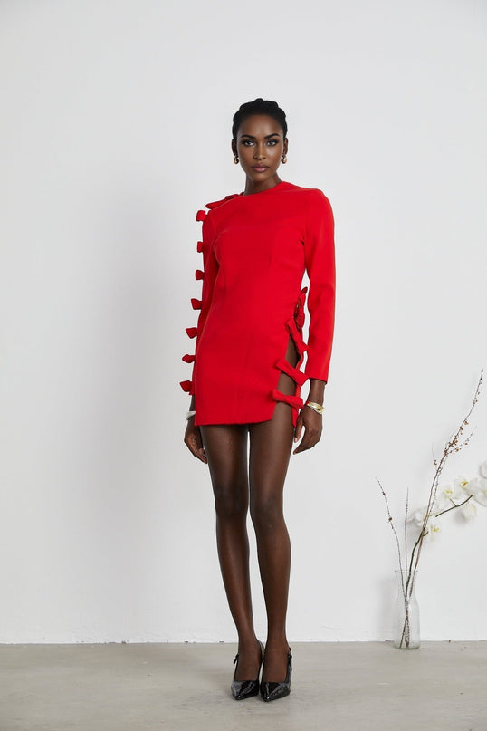 Sage Red Asymmetric Bow Detail Dress Polyester Spandex Long Sleeve Round Neck Cut Out Design Rear Zip Fastening Straight Hem Thigh Length