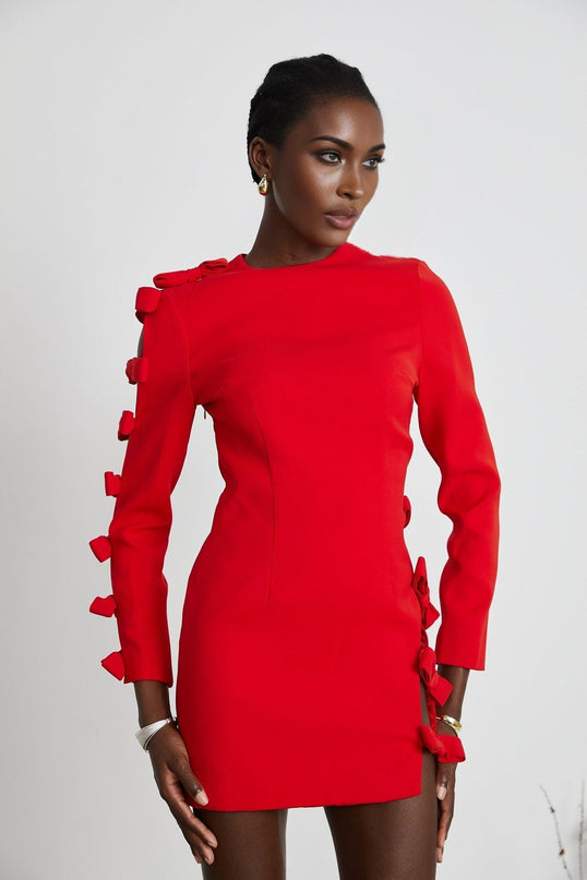 Sage Red Asymmetric Bow Detail Dress