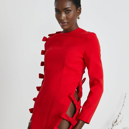 Sage Red Bow Detail Dress with Cut-Out Design and Asymmetric Hem in Polyester Spandex Blend