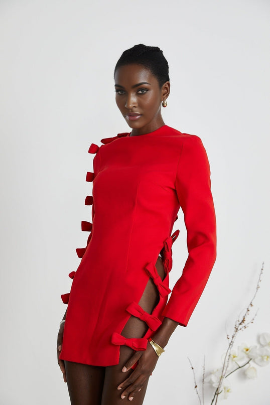 Sage Red Bow Detail Dress with Cut-Out Design and Asymmetric Hem in Polyester Spandex Blend