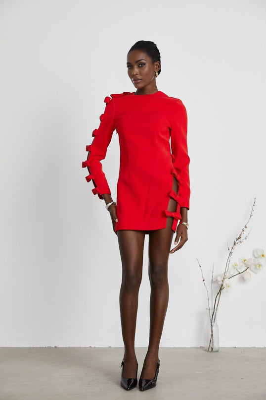 Sage Red Elegant Bow Detail Dress