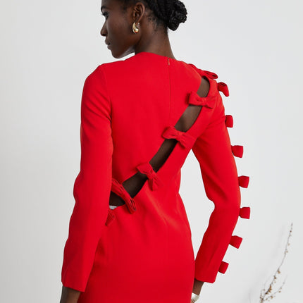 Sage Red Elegant Bow Detail Dress Polyester Spandex Long Sleeve Round Neck Asymmetric Hem Rear Zip Fastening