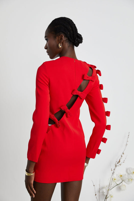 Sage Red Elegant Bow Detail Dress Polyester Spandex Long Sleeve Round Neck Asymmetric Hem Rear Zip Fastening