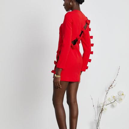 Sage Red Elegant Dress with Bow Detailing and Asymmetric Hem