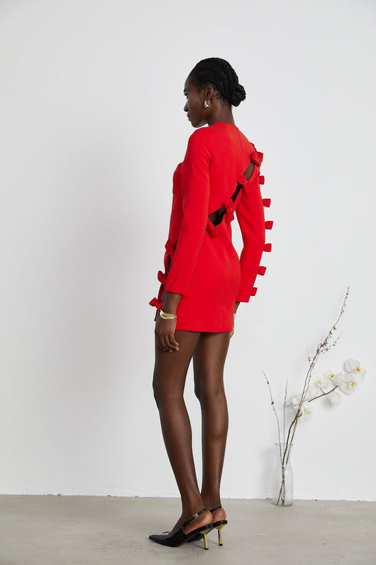 Sage Red Elegant Dress with Bow Detailing and Asymmetric Hem