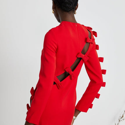 Sage Red Elegant Dress Polyester Spandex Long Sleeve Round Neck Bow Cut Out Asymmetric Hem Straight Rear Zip Fastening Statement Piece Chic Timeless