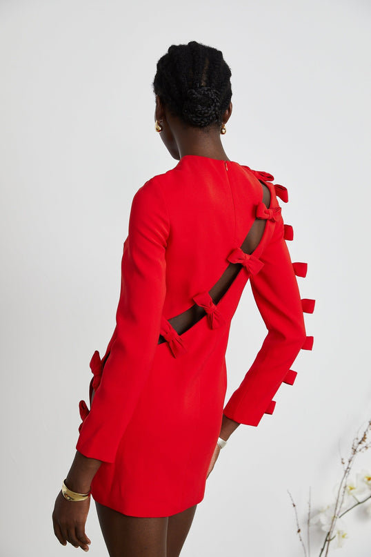 Sage Red Elegant Dress Polyester Spandex Long Sleeve Round Neck Bow Cut Out Asymmetric Hem Straight Rear Zip Fastening Statement Piece Chic Timeless