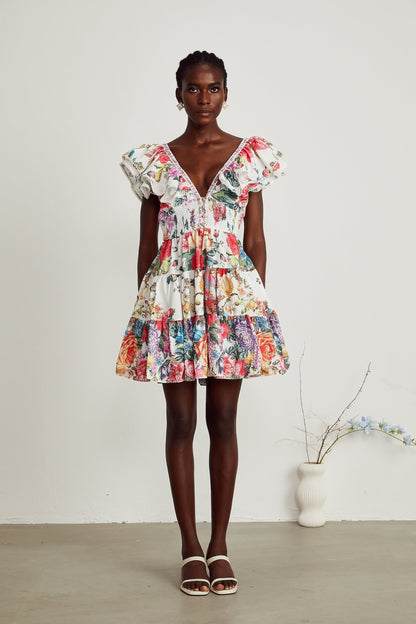 Saige ruffled floralprint mini dress in White